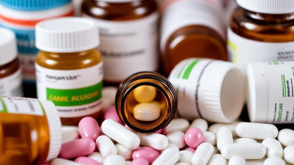 A close-up image of various generic pill bottles and tablets, symbolizing affordable alternatives to Cialis.