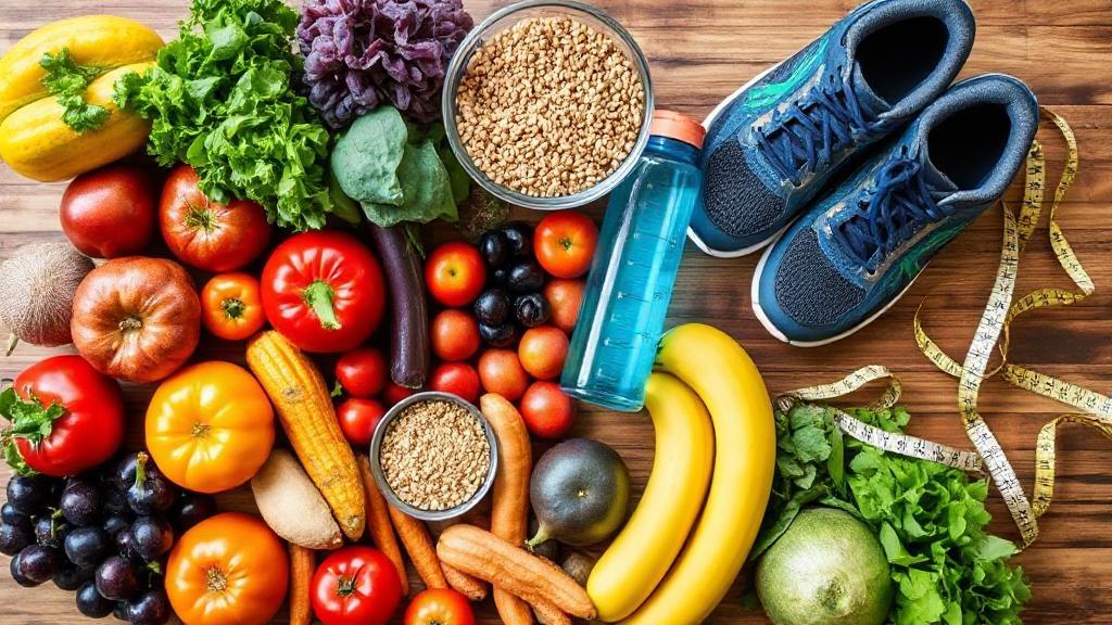 A vibrant assortment of fresh fruits, vegetables, whole grains, and a water bottle arranged on a wooden table, with a pair of running shoes and a measuring tape, symbolizing healthy lifestyle choices for boosting metabolism.