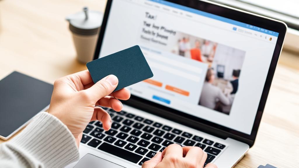 A person holding a credit card next to a laptop displaying a tax payment webpage.