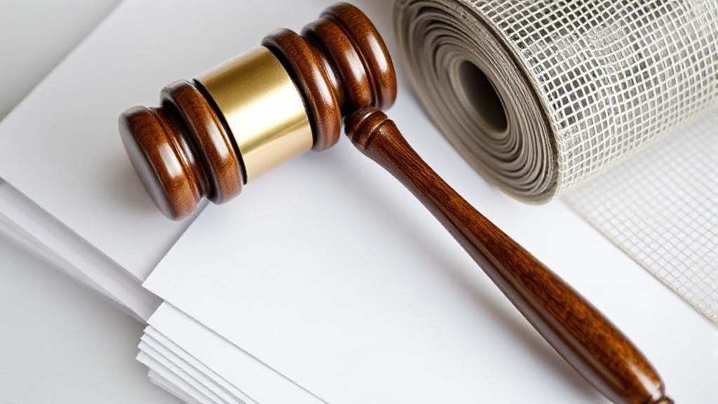 A gavel resting on a stack of legal documents beside a roll of surgical mesh, symbolizing the intersection of law and medical technology in hernia mesh settlements.