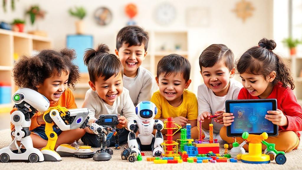 A vibrant header image featuring diverse children joyfully playing with futuristic educational toys, including interactive robots, colorful building sets, and digital learning tablets, set in a bright, modern playroom.
