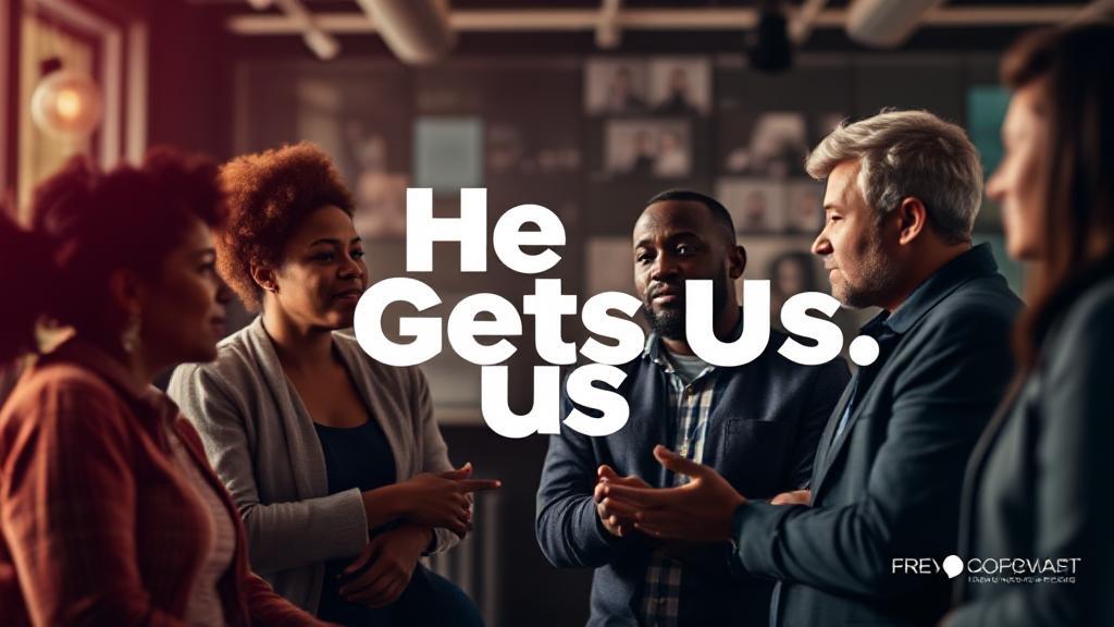 A thought-provoking image featuring a diverse group of people engaged in conversation, with a subtle backdrop of modern media elements, symbolizing the collaborative and inclusive nature of the "He Gets Us" ad campaign.