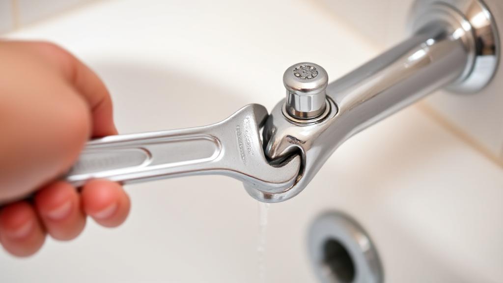 A close-up image of a hand using a wrench to tighten a faucet, with water droplets visible around the bathtub spout.