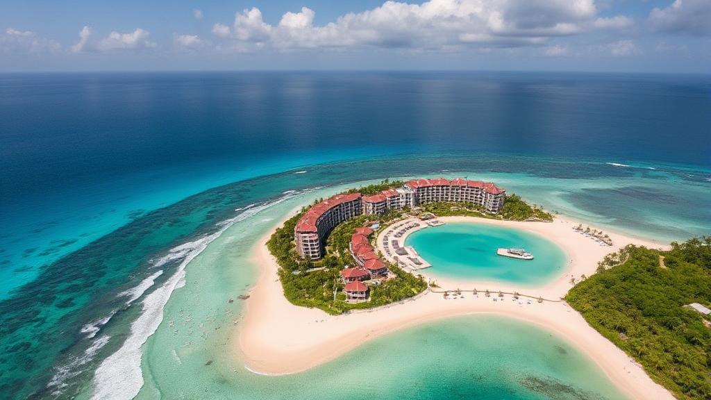 A breathtaking aerial view of a luxurious beachfront Sandals resort in Jamaica, with turquoise waters and lush tropical surroundings.