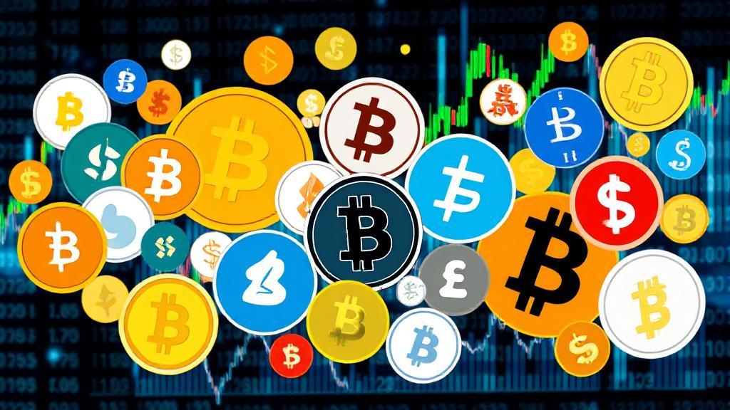 A dynamic collage of various cryptocurrency symbols and fluctuating market graphs set against a digital background.