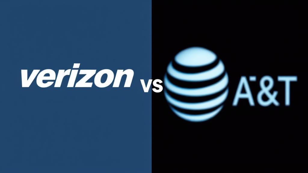 A split image featuring Verizon and AT&T logos with contrasting backgrounds, symbolizing the comparison of mobile services.