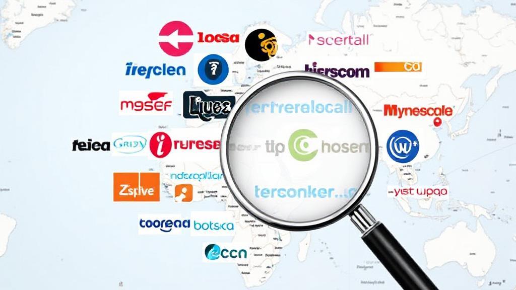 A collage of various internet service provider logos overlaid on a map with a magnifying glass highlighting a specific area.