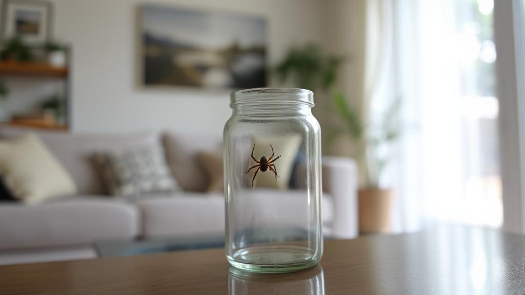 A serene living room with a small spider in a glass jar, ready for safe relocation.