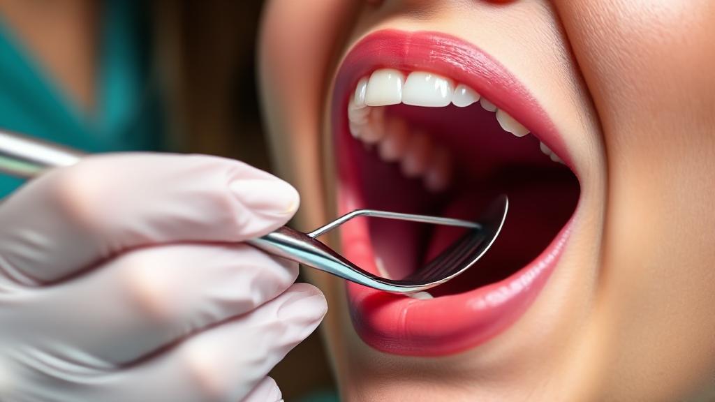 A close-up image of a dental hygienist's gloved hands holding a scaler tool next to a patient's open mouth, illustrating a professional teeth cleaning session.
