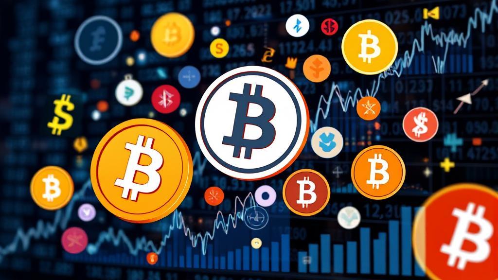 A dynamic collage of various cryptocurrency symbols and graphs illustrating market trends, set against a digital background.