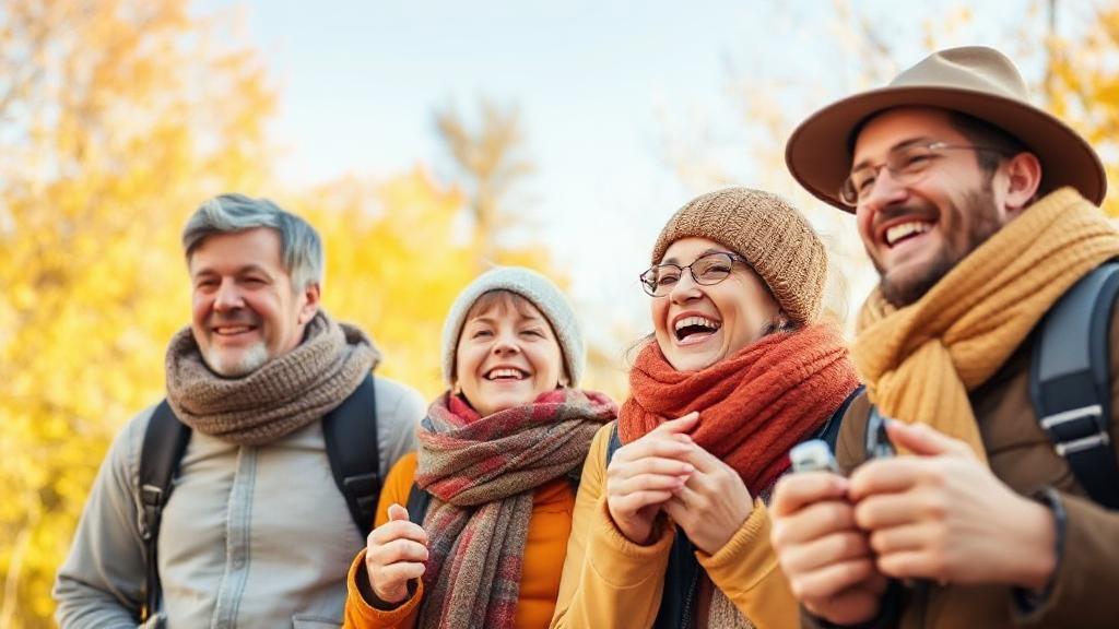 A cheerful family enjoying outdoor activities in autumn, dressed warmly and smiling, symbolizing good health and cold prevention.