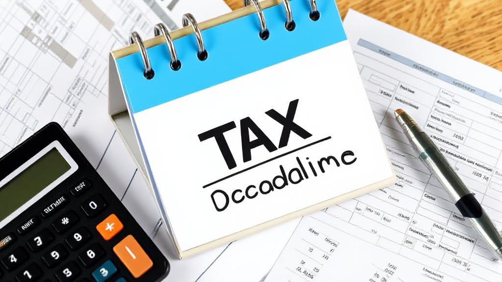 A symbolic image of a calendar marked with a tax deadline, surrounded by financial documents and a calculator.