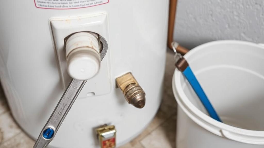 A close-up image of a water heater with a wrench and a bucket nearby, illustrating the process of maintenance and drainage.