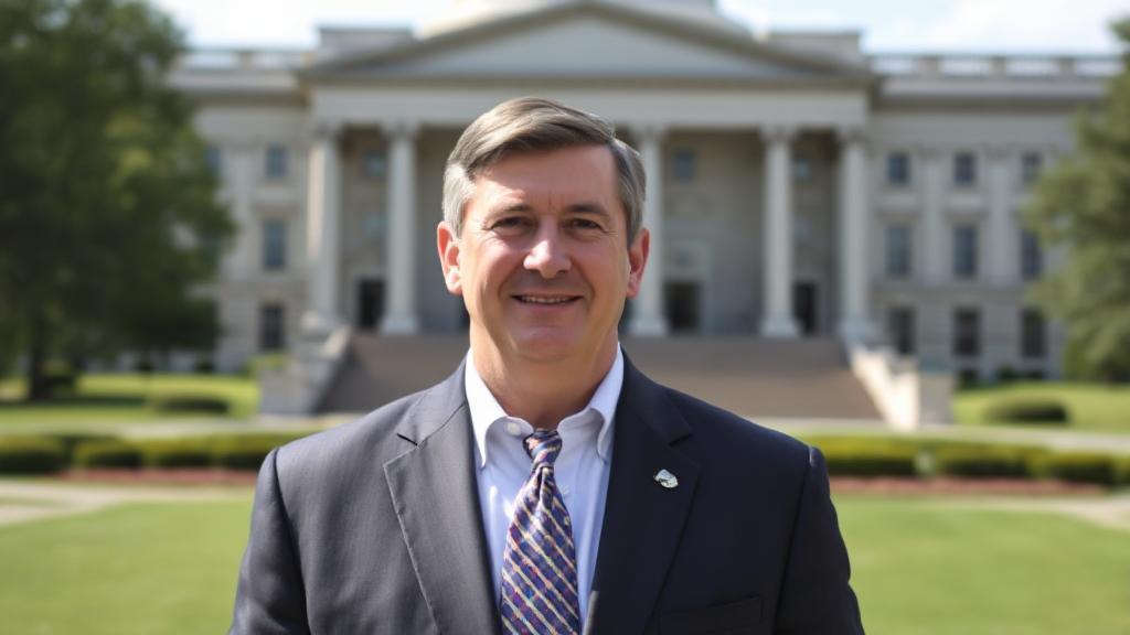 A professional portrait of Indiana Governor Eric Holcomb standing in front of the Indiana State Capitol building.