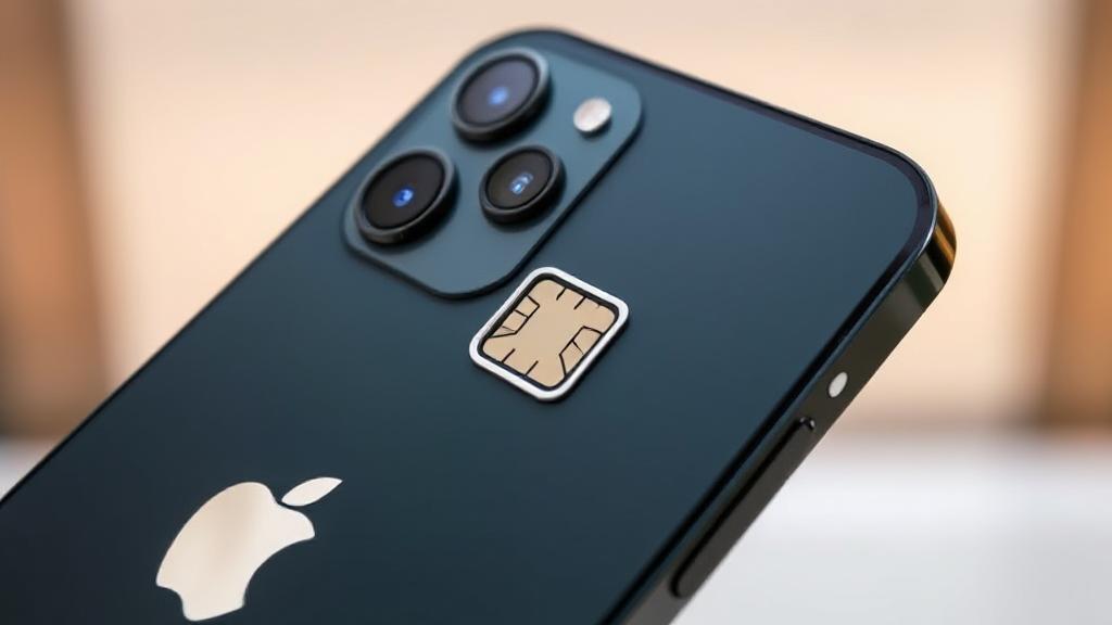 A close-up image of an iPhone 13 with its SIM card slot highlighted, set against a sleek, modern background.