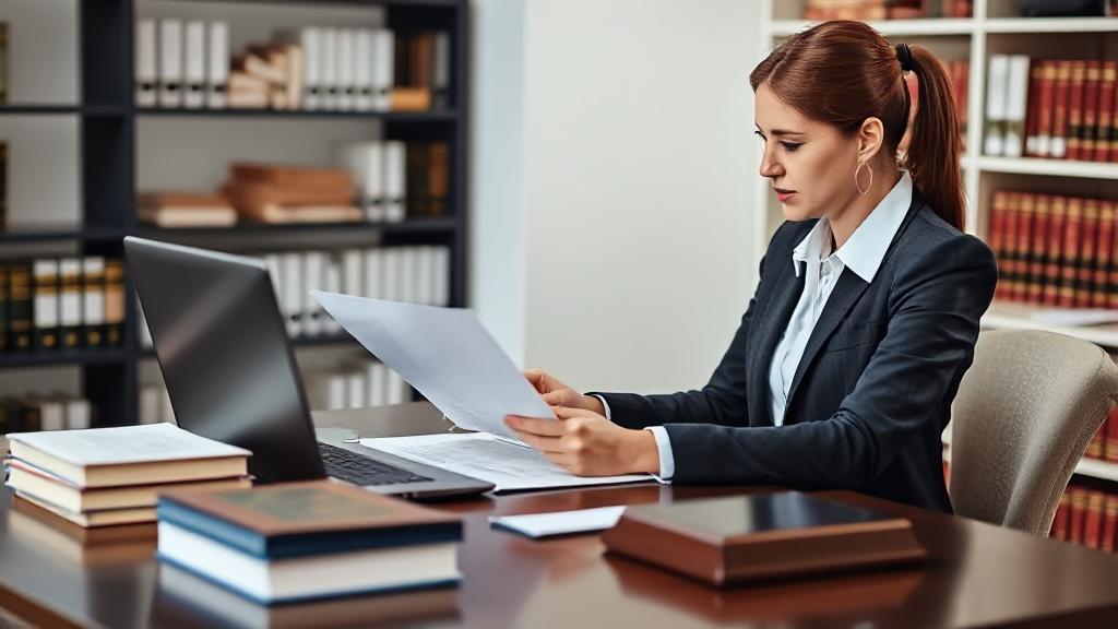 A professional paralegal diligently reviewing legal documents at a desk, surrounded by law books and a laptop.