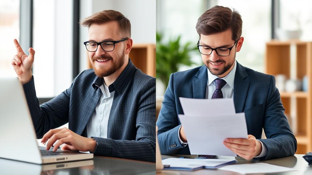 A split image depicting a person confidently using tax software on one side and a professional tax advisor reviewing documents on the other.