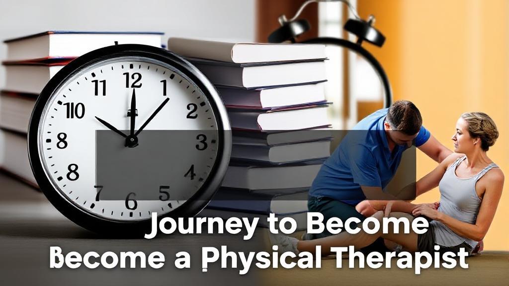 A dynamic collage of a clock, textbooks, and a physical therapist assisting a patient, symbolizing the journey and time commitment to becoming a physical therapist.