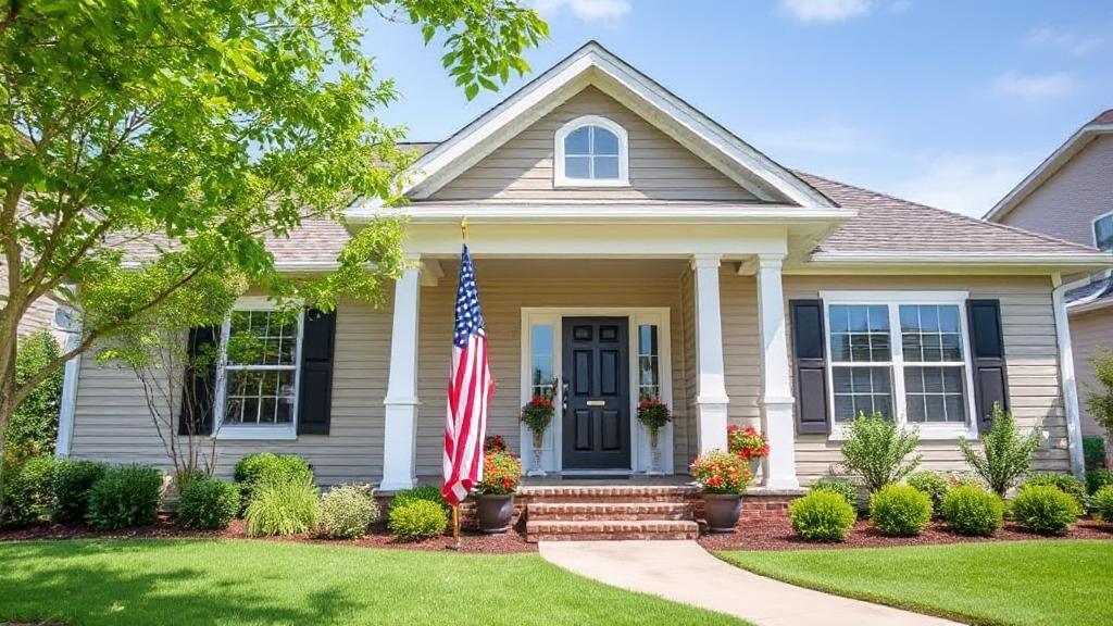 A welcoming suburban home with an American flag, symbolizing the benefits of VA home loans for veterans.