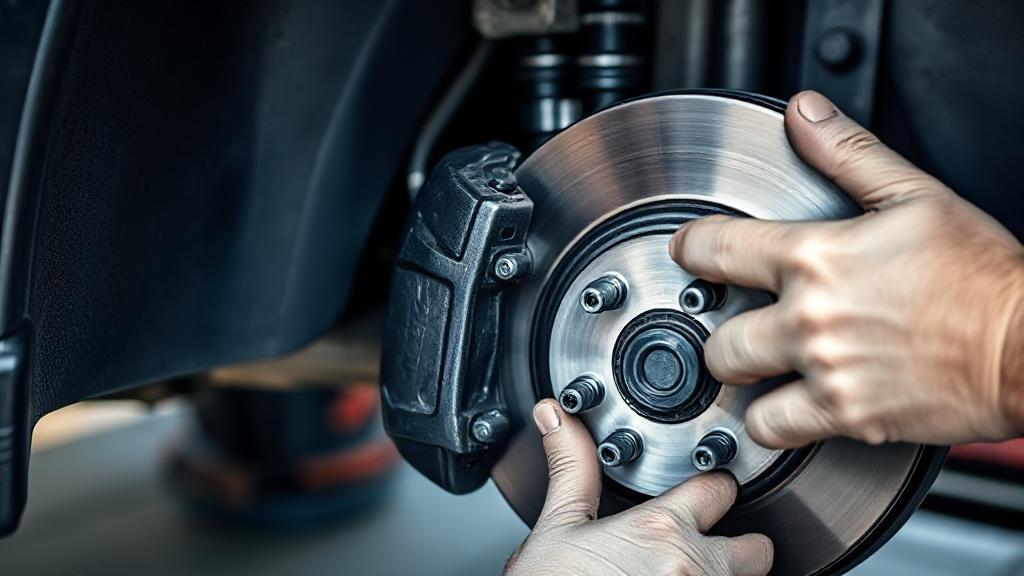 A close-up image of a car's brake system with a mechanic inspecting the brake pads and rotors.