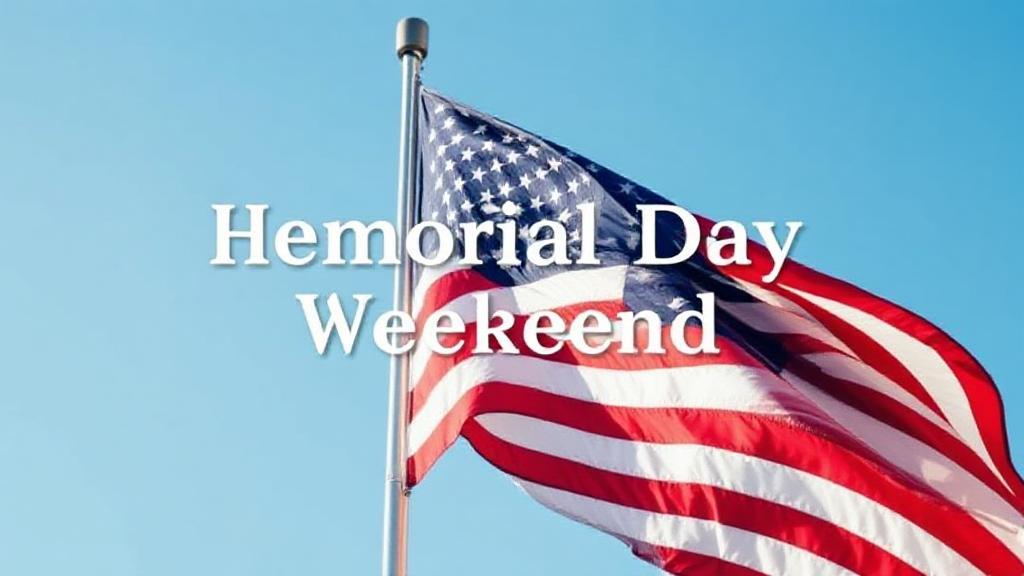 A serene image of an American flag gently waving in the breeze against a clear blue sky, symbolizing remembrance and honor for Memorial Day Weekend.