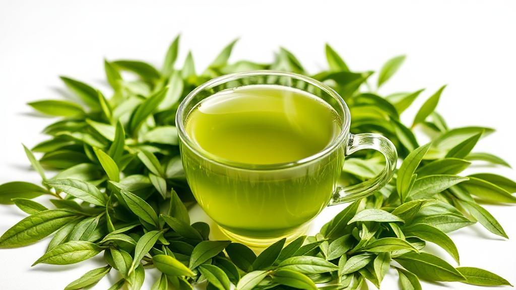 A steaming cup of green tea surrounded by fresh green tea leaves on a bright, clean background, symbolizing health and wellness.