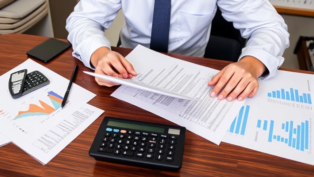 A professional CPA reviewing financial documents at a desk, surrounded by calculators and charts, symbolizing the comprehensive services and costs involved in hiring a CPA.