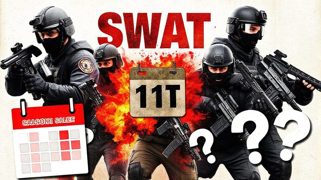 A dynamic collage featuring the SWAT team in action, with a calendar and question marks symbolizing anticipation for the new season's release.