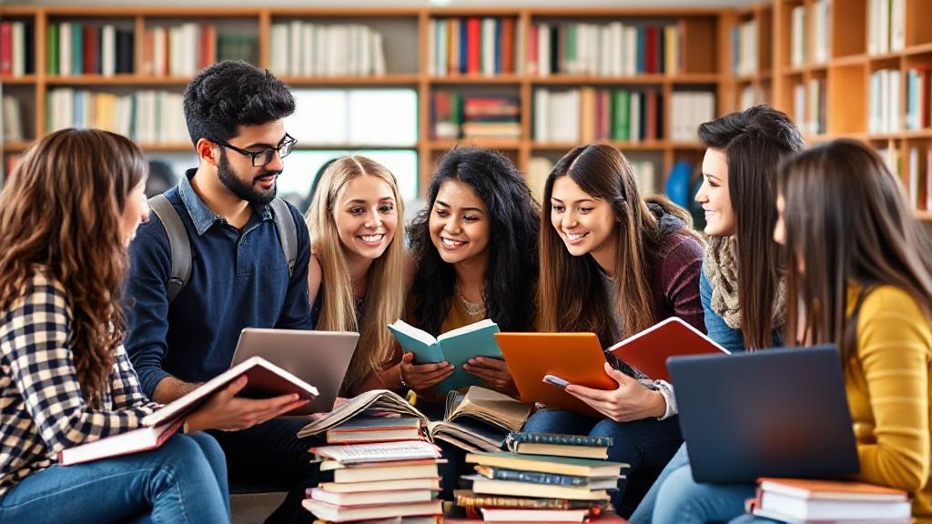 A diverse group of students engaged in a lively discussion, surrounded by books and laptops, symbolizing various fields of study in a modern academic setting.
