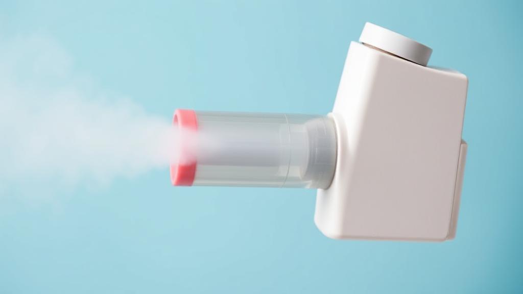 A close-up image of an inhaler dispensing albuterol mist against a soft blue background, symbolizing respiratory relief and medical care.