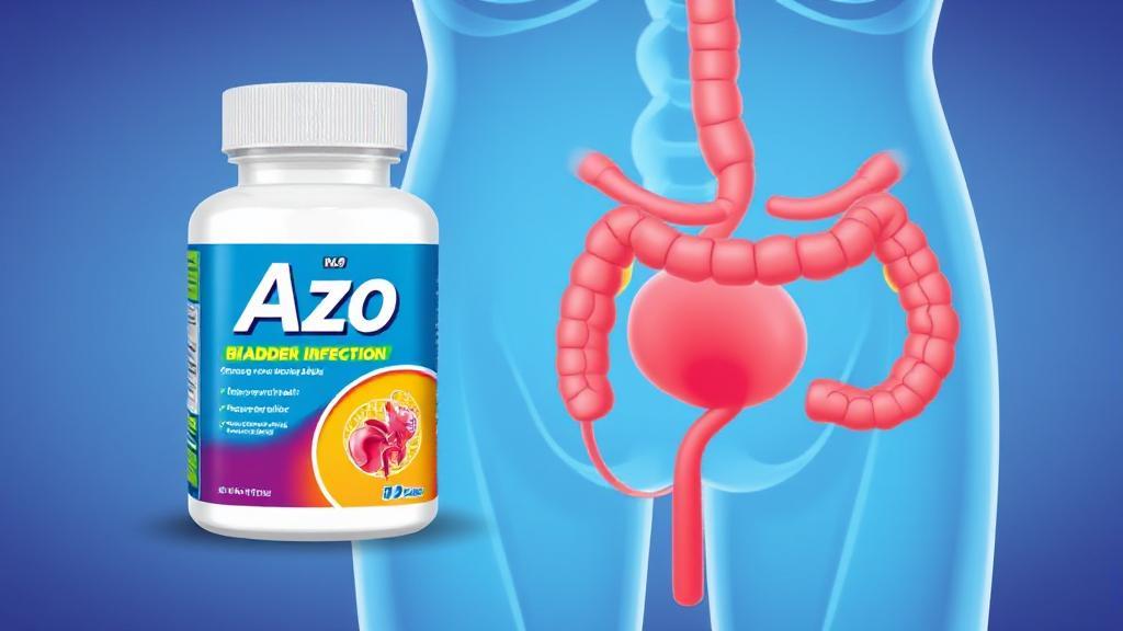 A vibrant illustration of Azo medication packaging alongside a stylized depiction of the urinary tract, highlighting its role in bladder infection relief.