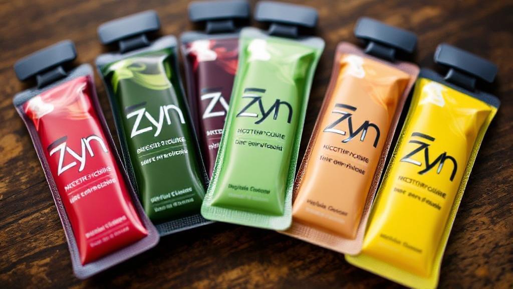 A close-up image of various Zyn nicotine pouches in different flavors, arranged in a semi-circle on a wooden surface.