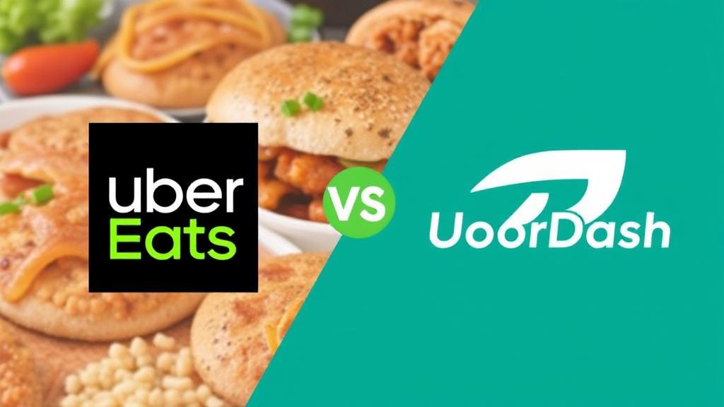 A split-screen image showing the Uber Eats and DoorDash logos with a variety of food items in the background, symbolizing the competition between the two delivery services.