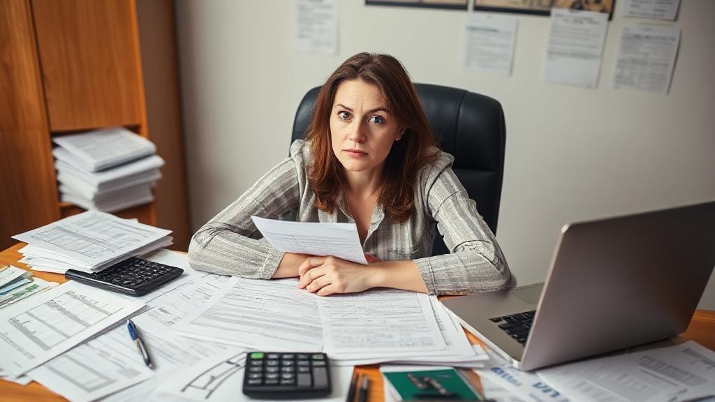 A person sitting at a desk surrounded by tax documents, a calculator, and a laptop, looking focused and slightly overwhelmed.