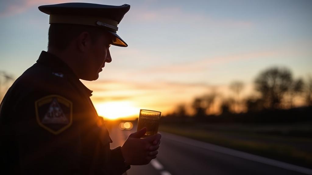 A striking image of a police officer conducting a roadside sobriety test at dusk, symbolizing the gravity and implications of Operating a Vehicle Impaired (OVI).