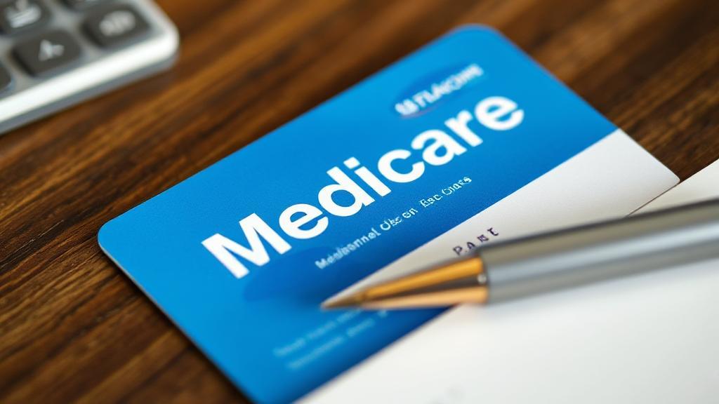A close-up image of a Medicare card resting on a wooden table, with a pen and notepad nearby.