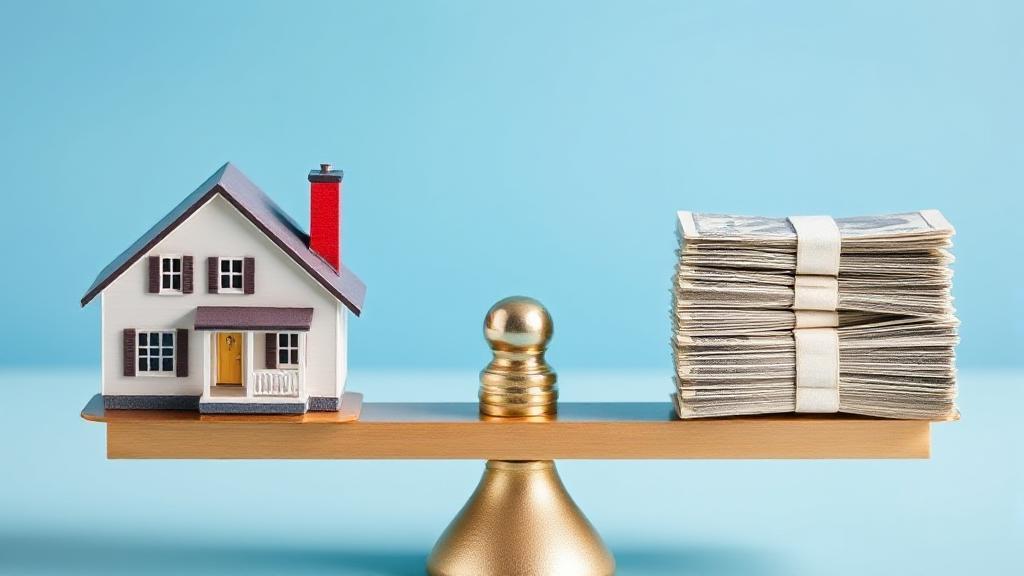 A balanced scale with a house on one side and a stack of money on the other, symbolizing the decision-making process in selling a rental property.