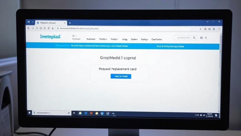 A computer screen displaying a Medicaid website with a focus on the "Request Replacement Card" option.