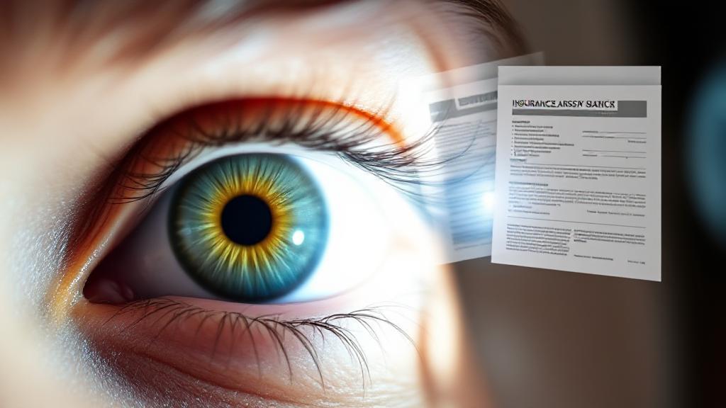 A close-up of an eye undergoing a LASIK procedure, with a subtle overlay of insurance documents in the background.