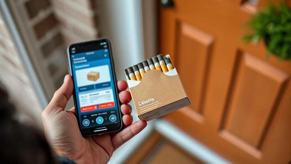 A close-up image of a delivery driver's hand holding a package of cigarettes at a doorstep, with a smartphone displaying a delivery app in the background.