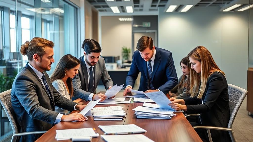 A diverse group of professionals assisting clients with tax documents in a modern office setting.