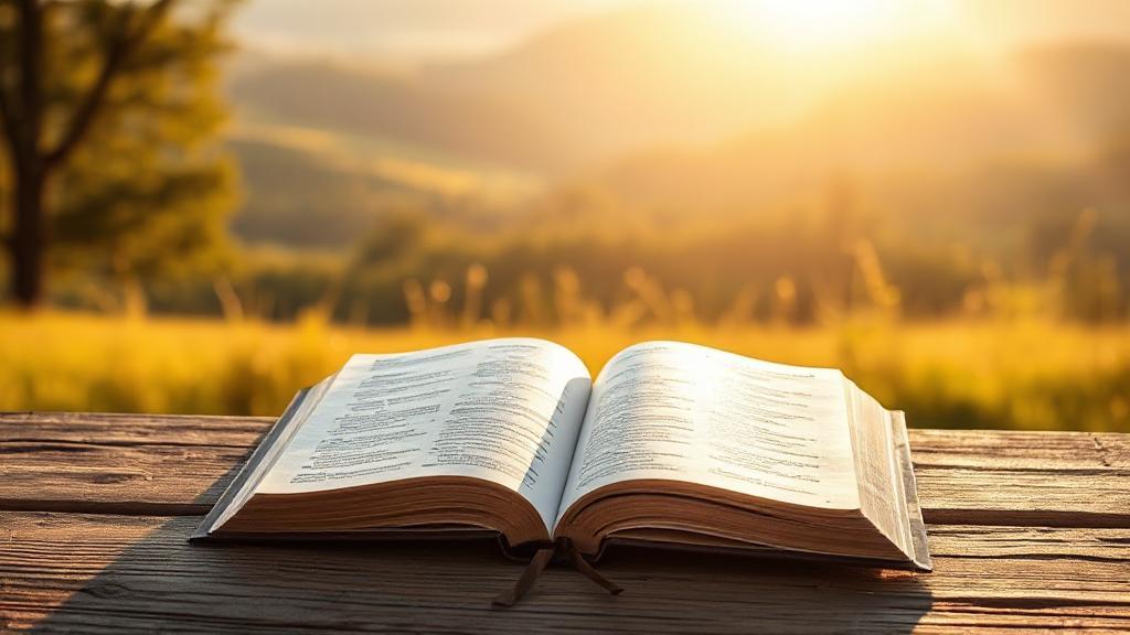 A serene landscape with an open Bible resting on a wooden table, bathed in soft, golden sunlight.
