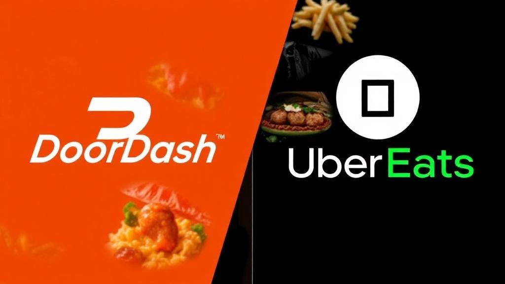 A split-screen image showing the DoorDash and UberEats logos with contrasting backgrounds, featuring a variety of delicious food items being delivered.