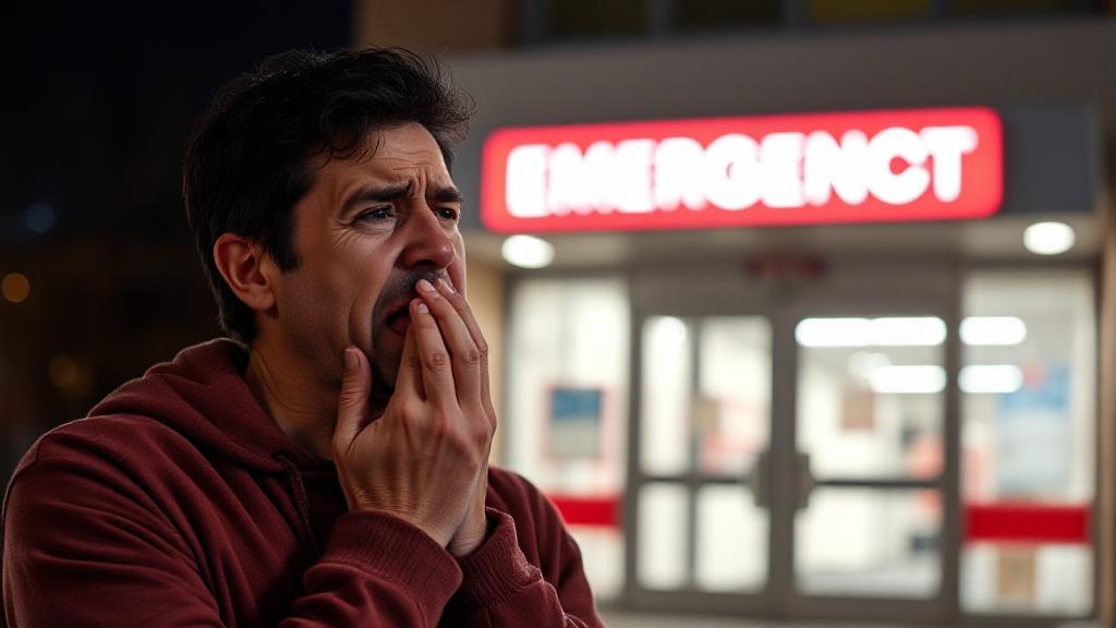 A concerned individual clutching their jaw in discomfort, standing outside a brightly lit emergency room entrance at night.