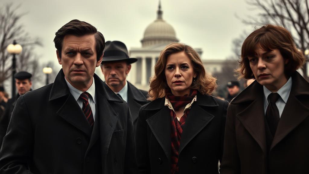 A tense and dramatic scene from "The Americans" featuring the main characters in 1980s espionage attire, set against a backdrop of Cold War-era Washington D.C.