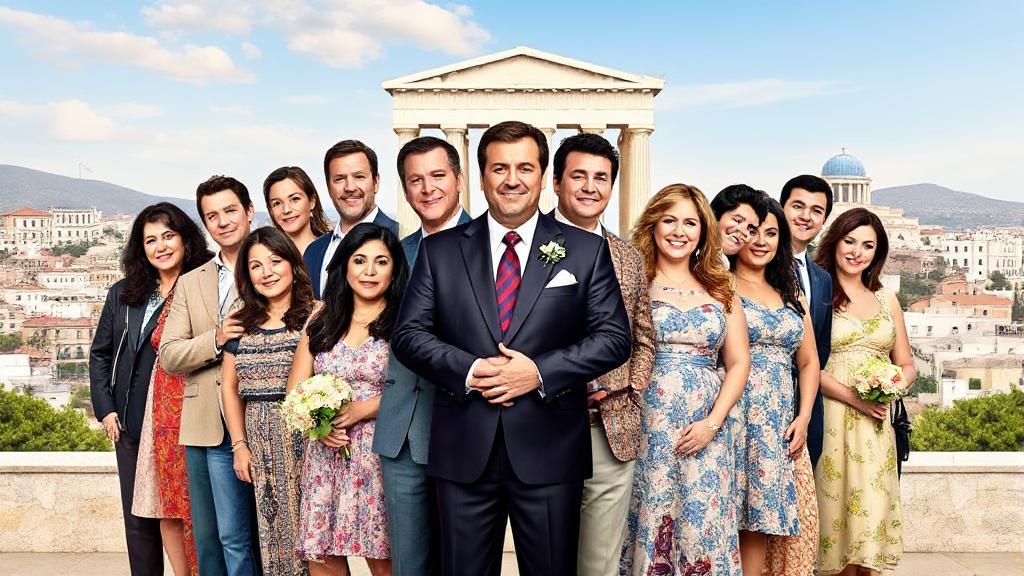 A vibrant collage featuring the cast of "My Big Fat Greek Wedding 3" against a backdrop of iconic Greek landmarks.