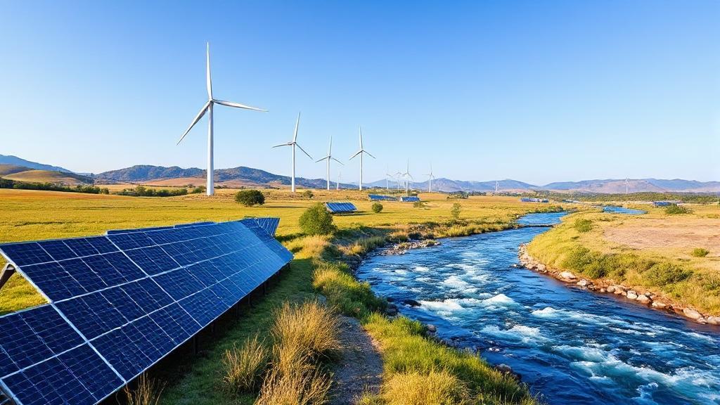 A vibrant landscape showcasing wind turbines, solar panels, and a flowing river under a clear blue sky, symbolizing diverse renewable energy sources.
