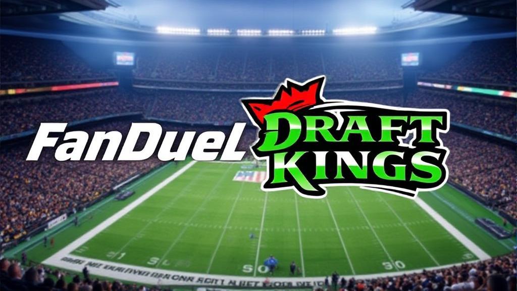 A dynamic split-screen image showcasing the logos of FanDuel and DraftKings, set against a backdrop of a lively sports stadium.