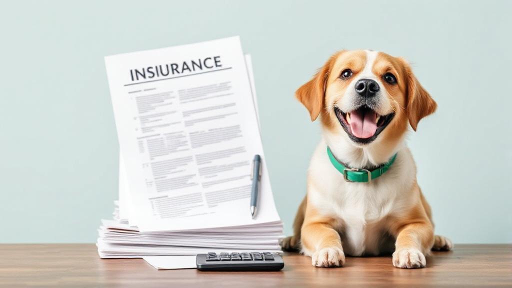 A happy dog sitting next to a stack of insurance documents and a calculator, symbolizing the concept of dog insurance.