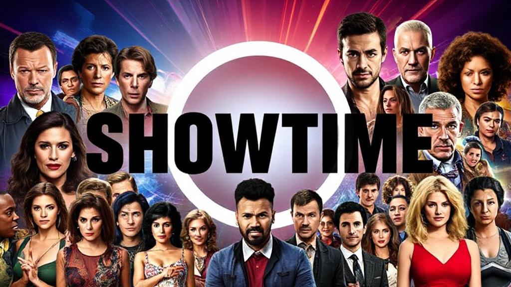 A vibrant collage of popular Showtime TV show characters set against a dynamic backdrop of the Showtime logo.